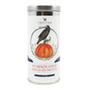 Metal tin with a white label, featuring a drawing of a crow sitting on a pumpkin. Tin label reads "pumpkin spice chocolate truffles"